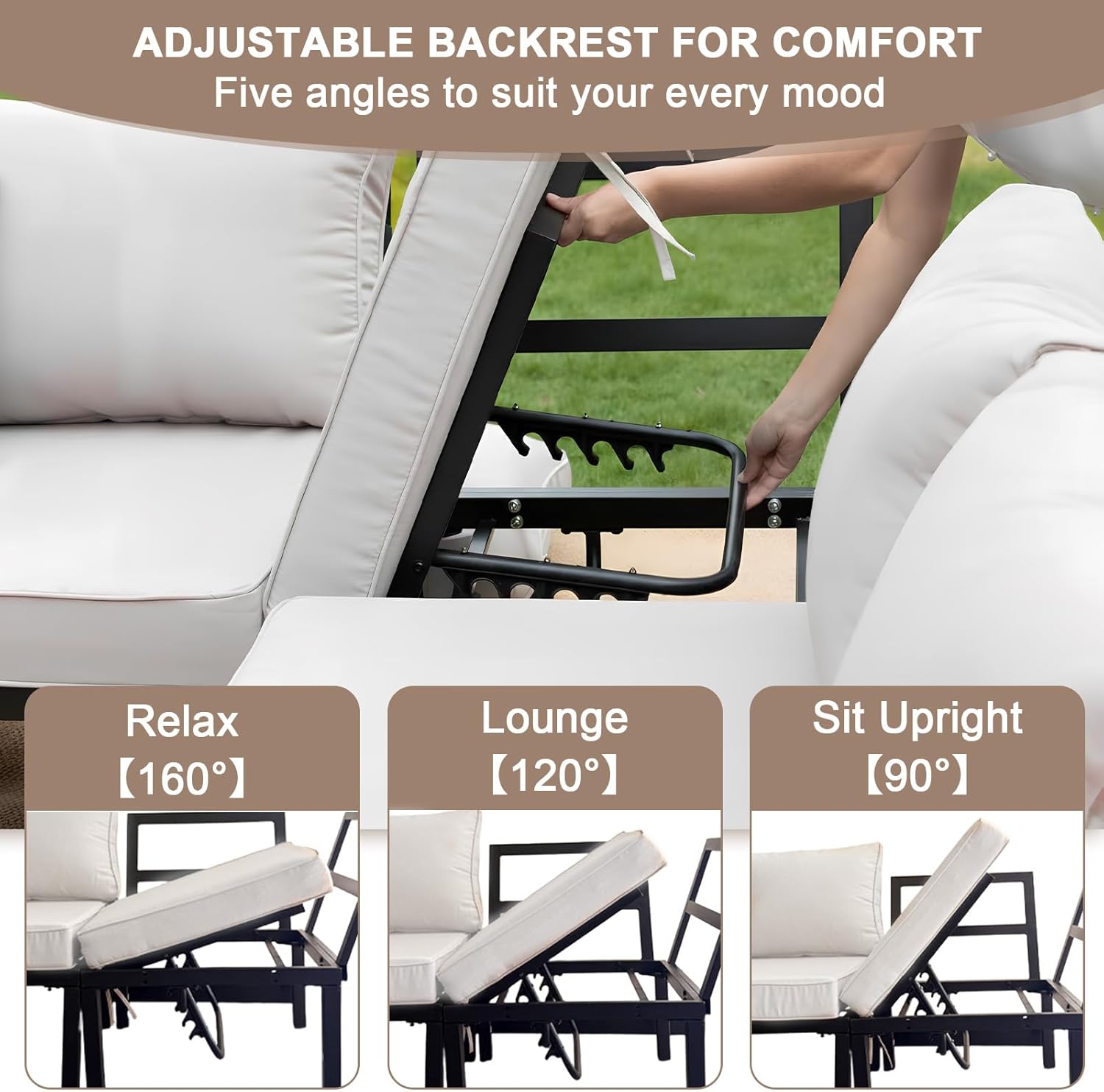 JOYURE 4-Piece Patio Furniture Set,Metal Outdoor Sectional Sofa with 3 Fauxwood Tables &Adjustable Reclining Chair,Patio Modular L Shape Sofa with Thickened Cushions for Backyard,Deck,Balcony,Beige