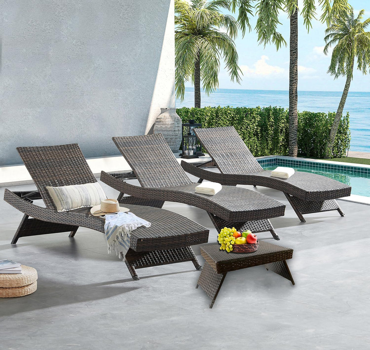 Outdoor Wicker Reclining Lounge Chairs Patio Rattan Chaise Lawn Sunbathing Chairs 79" Long Reclining Chairs, Set of 3 Chaise Longues + 1 Coffee Table