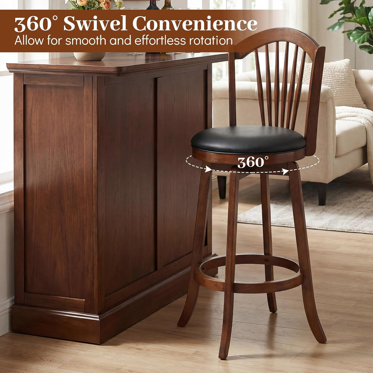 COSTWAY Swivel Bar Stools Set of 4, 31 Inch Bar Height Chairs with Backrests and Wood Frame, Upholstered Barstools for Kitchen Island and Dining Room (4,31 Inch)