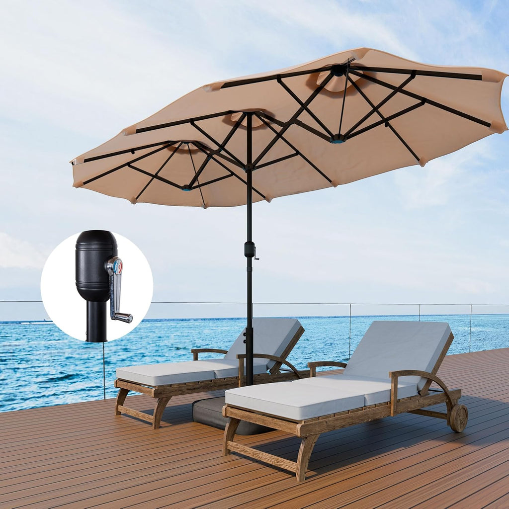 Shintenchi 13FT Large Patio Umbrella with Base, Outdoor Double-Sided Rectangular Shade with Crank Handle for Poolside Lawn Garden, Khaki