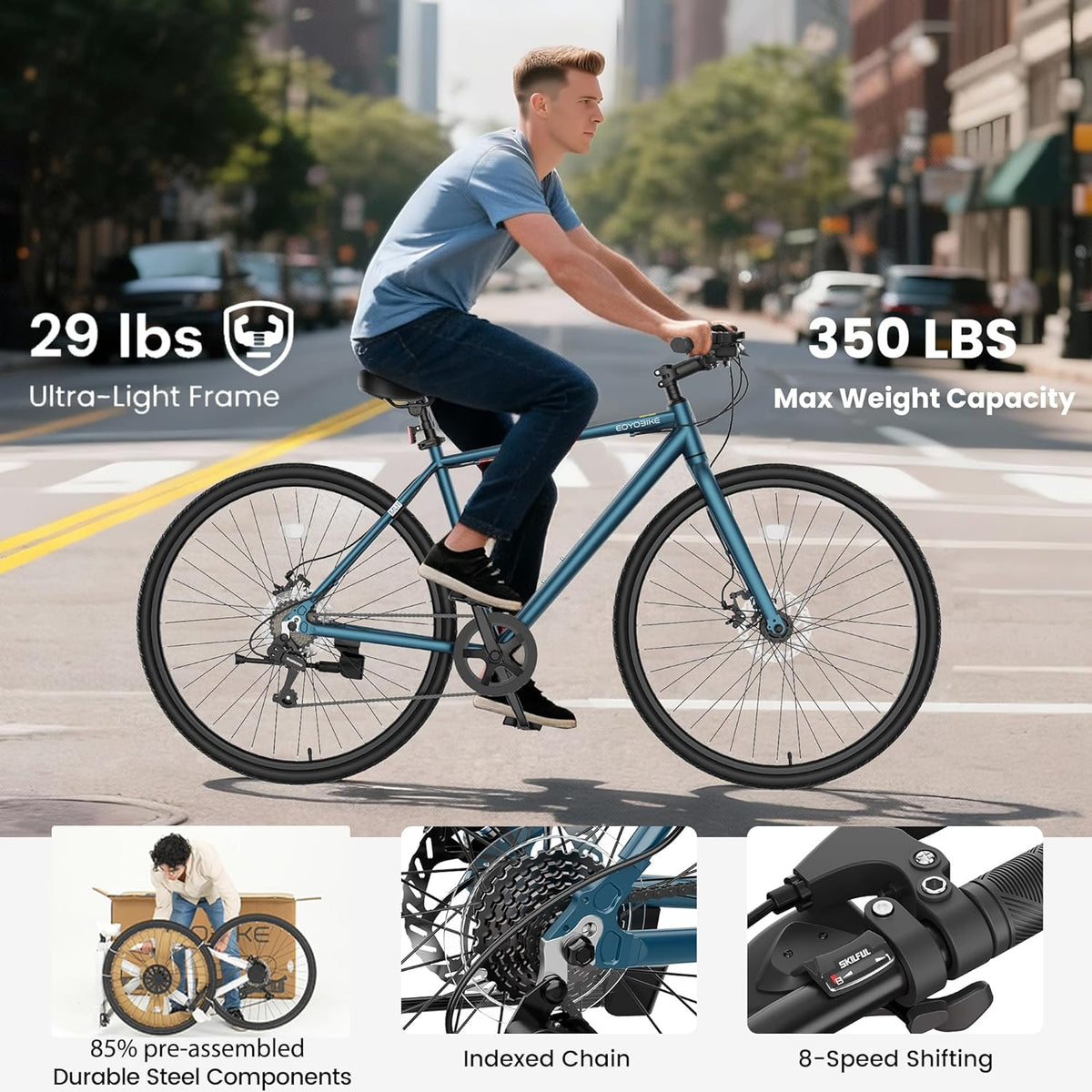 MOONCOOL Hybrid Bike for Men, 700C Aluminum 29LB Ultra-Light 8 Speed Commuter Bike, 350lb Loading, 29" Urban Bicycle, Dual Disc Brakes, for Tall Men&Women, 85% Pre-Assembled