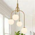 LamQee 4 Lights Mid Century Modern Chandelier, Milk Glass Globe Chandelier Light Fixture with Gold Metal & White Ball, Large Pendant Lighting Ceiling Hanging for Dining Room Kitchen Island Entryway