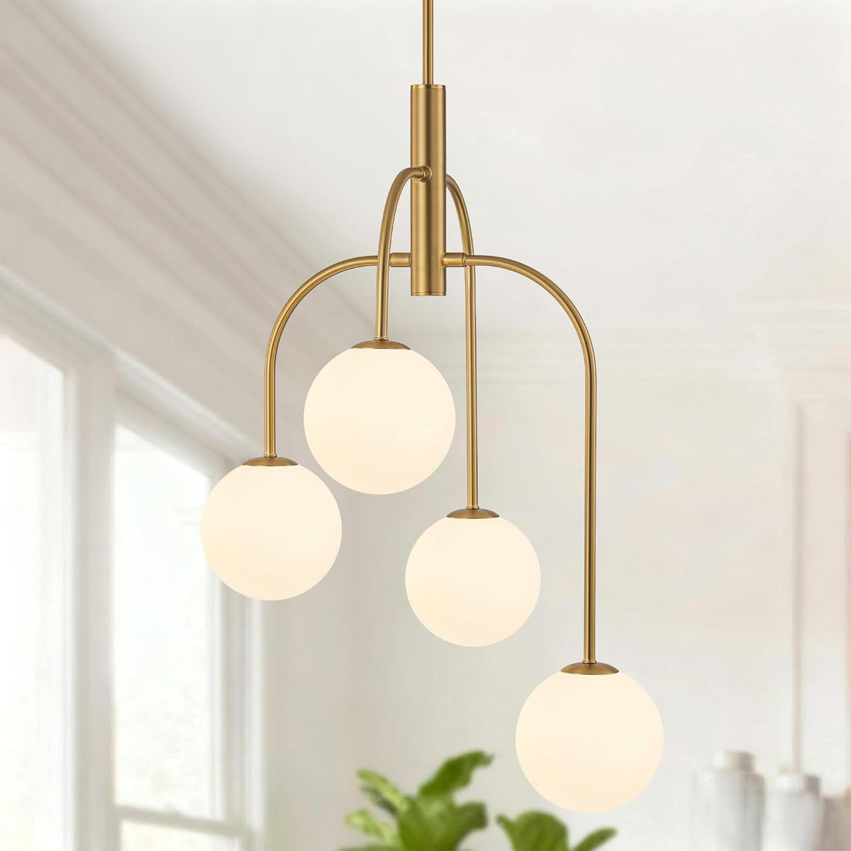 LamQee 4 Lights Mid Century Modern Chandelier, Milk Glass Globe Chandelier Light Fixture with Gold Metal & White Ball, Large Pendant Lighting Ceiling Hanging for Dining Room Kitchen Island Entryway