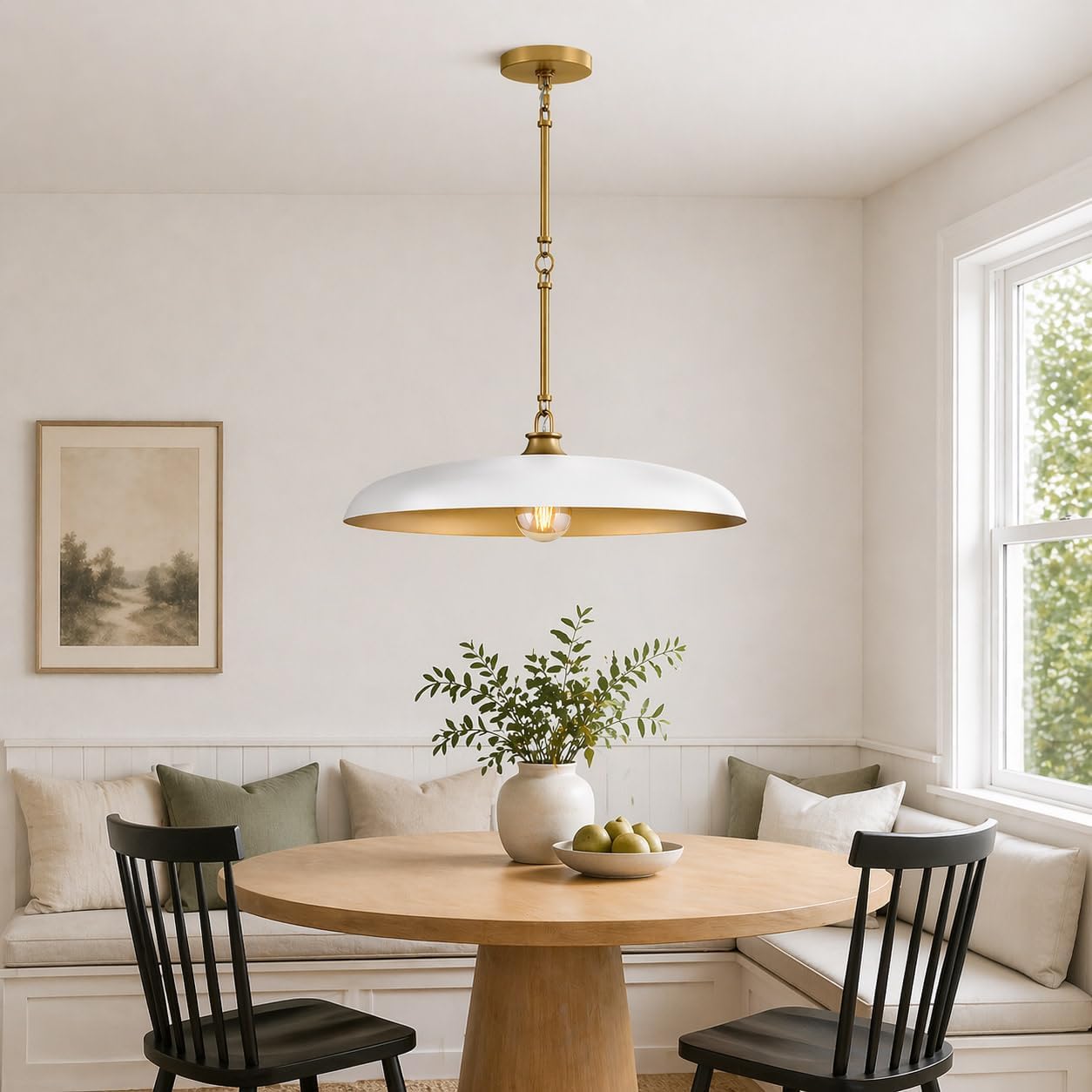 Hinkley Sadie 24" Dome Chandelier, Two Tone Saucer Shade, Transitional Pendant, Adjustable Height for Dining Room or Kitchen, Chalk White with Lacquered Brass Accents