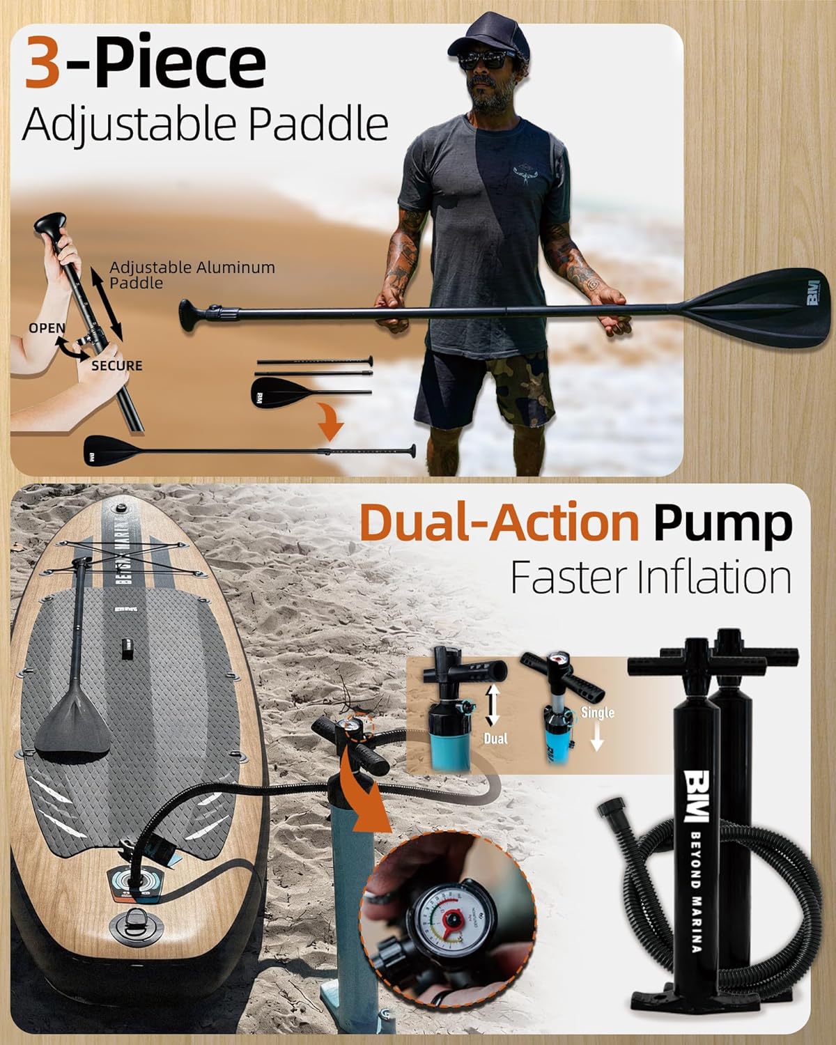 BM Paddle Board Inflatable Stand Up Paddle Board, SUP Paddleboard for Adult, Premium Accessories | Non-Slip EVA Deck & Foam Handles, Camera Mount, Double Action Pump, 85L Travel Backpack