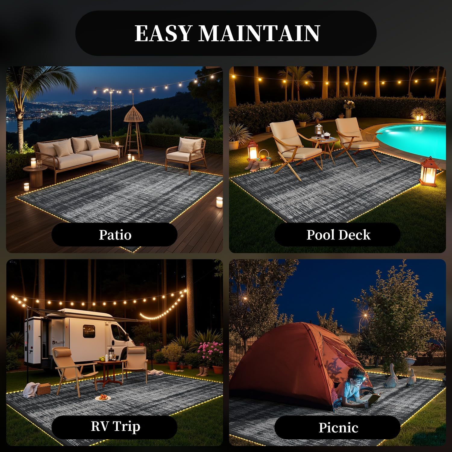 MontVoo Outdoor Rug Waterproof 9x12 ft with Strip Lights Outdoor Patio Rug Mat Reversible Plastic Straw Rug Outside Outdoor Rug for RV Camping Picnic Balcony Backyard