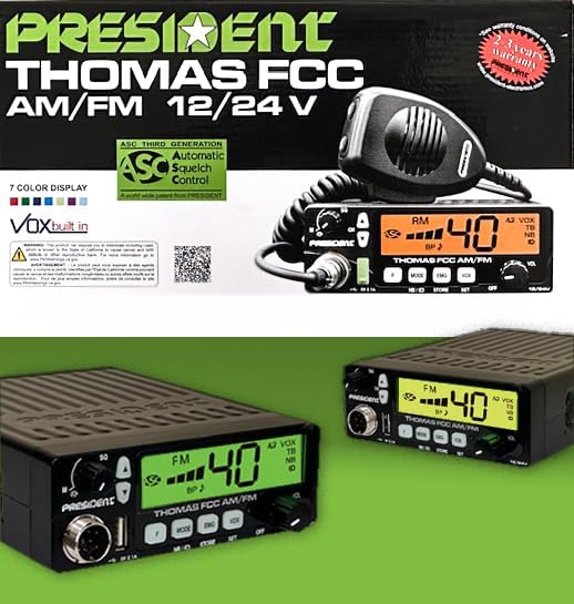 President Thomas FCC AM/FM CB Radio – 40 Channel, VOX Hands-Free, USB Port, ASC, Multi-Color LCD Display – 12/24V Compact Mobile Transceiver for Truckers & Off-Road Communication