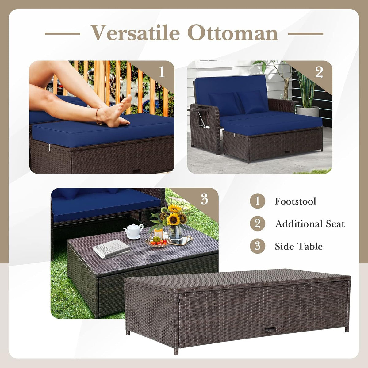 Tangkula Patio Rattan Daybed with 4-Level Adjustable Backrest, Outdoor PE Wicker Loveseat with Storage Ottoman & Folding Side Tray, Double Sunbed Lounger for Balcony, Backyard & Poolside, Navy & Brown
