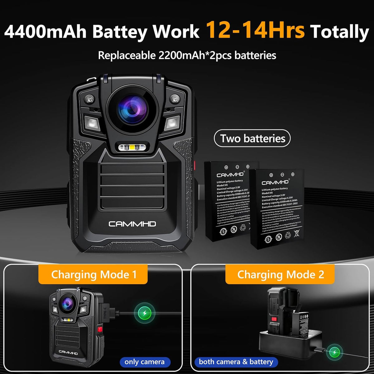 CAMMHD V8-256GB 4K Body Camera with Audio and Video Recording, 2160P Body Cam Two Battery 4400mAh Work 14H, H.265 Video Recorder, IP68 Waterproof, Night Vision Police Camera with Charging Dock