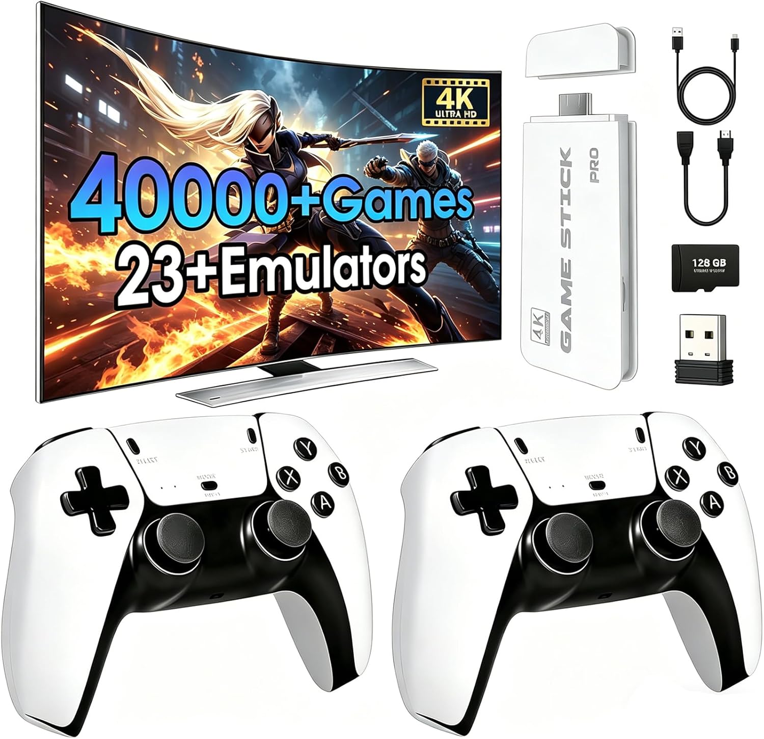 2026 New Wireless Retro Game Console, 23 Emulators and 40000+Games, Plug and Play 4K HDMI TV Game Stick, with Dual 2.4G Wireless Controllers (81G)