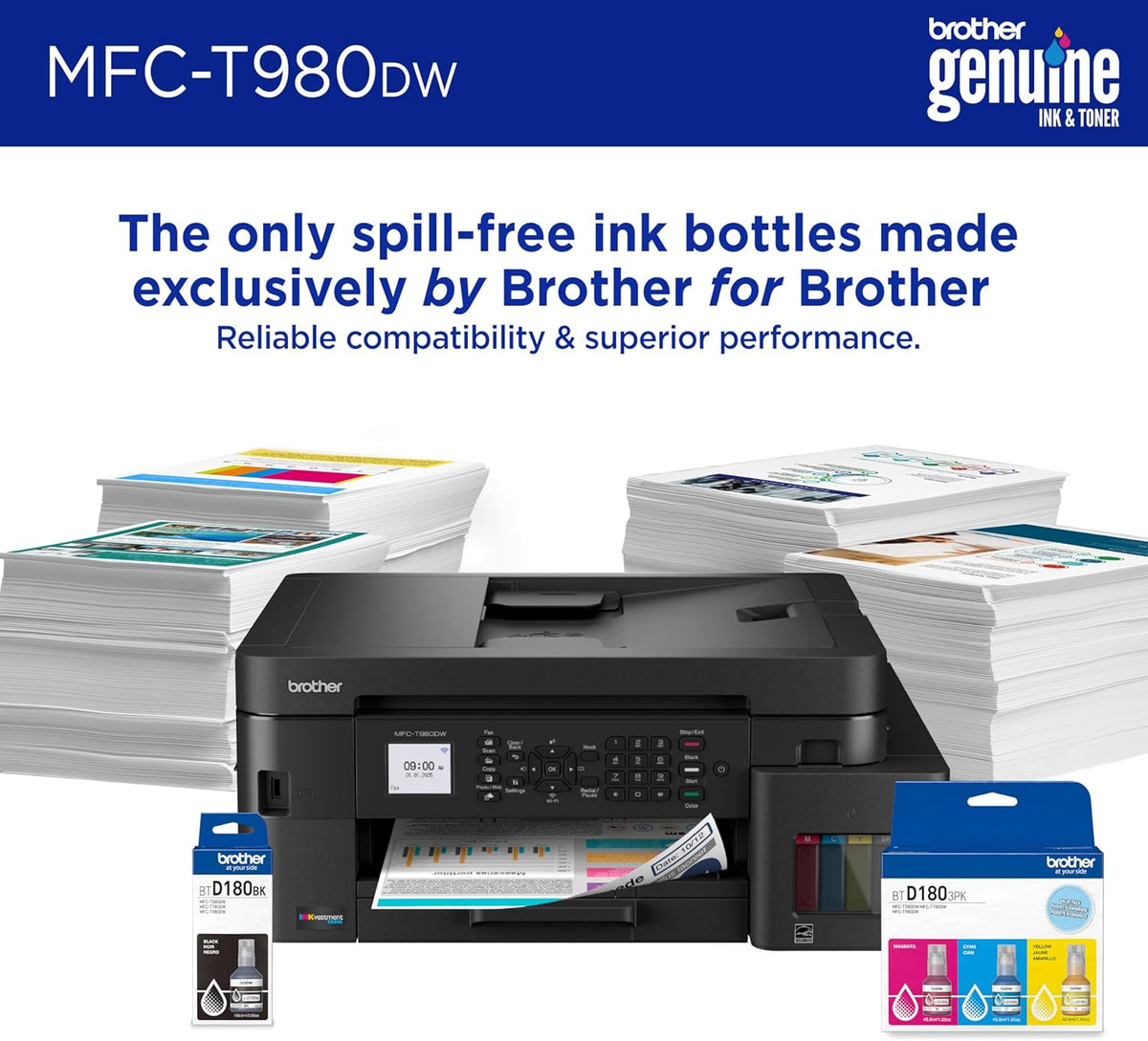 Brother INKvestment Tank 980 Wireless and Ethernet Color Inkjet All-in-One Printer with Multipurpose Tray | Includes up to 3 Years of Ink in-Box(1) and Limited Warranty(2) (MFC-T980DW)