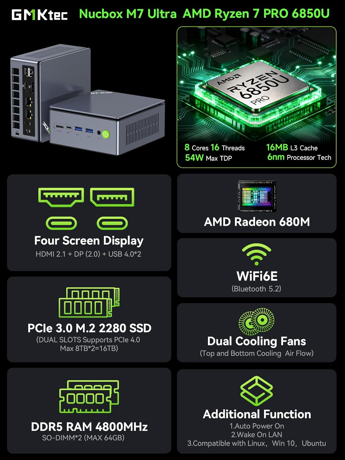 GMKtec Gaming PC Mini Computer, M7 Ultra Ryzen 7 PRO 6850U 32GB DDR5 RAM + 512GB Hard Drive PCle SSD Oculink Dual NIC LAN 2.5G Desktop, Dual USB4, HDMI 2.1, USB-C