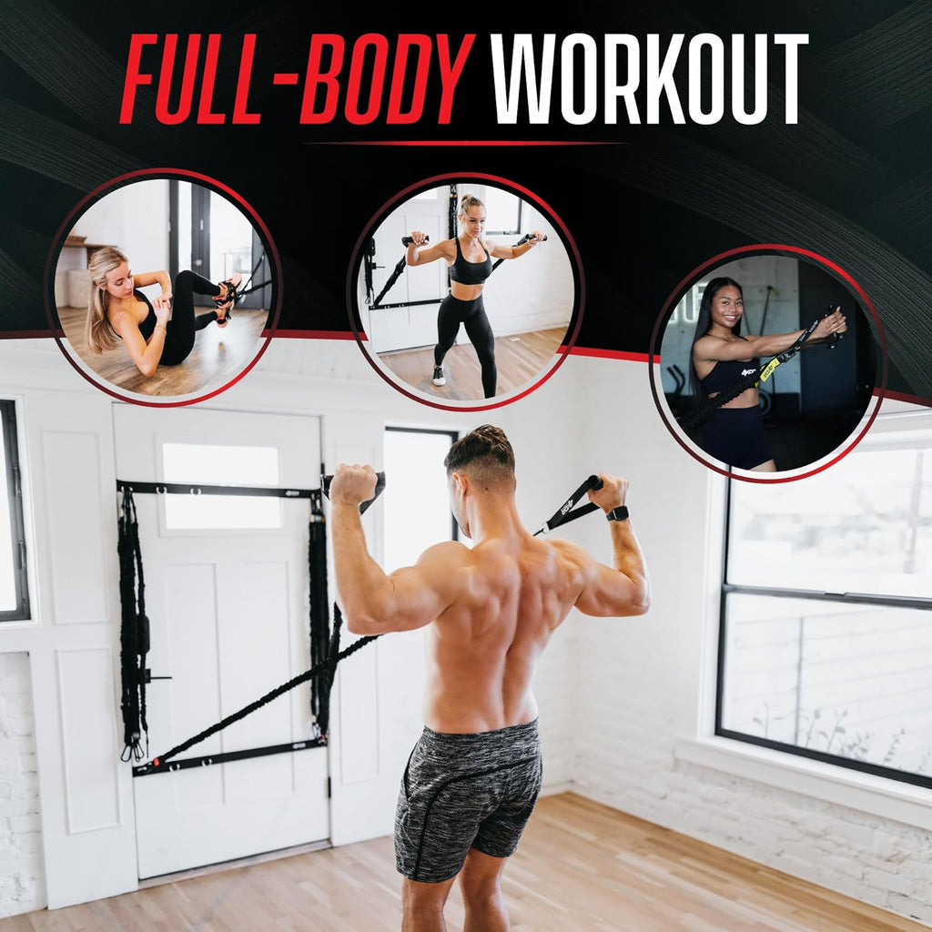 4KOR Deluxe Shoulder and Full Body Cross Anchored Resistance Cord System with Interchangeable Handles, Foot Straps, and Workout Guide. Exercise Bands with Nylon Sleeves, Anchors, and Carry Bag