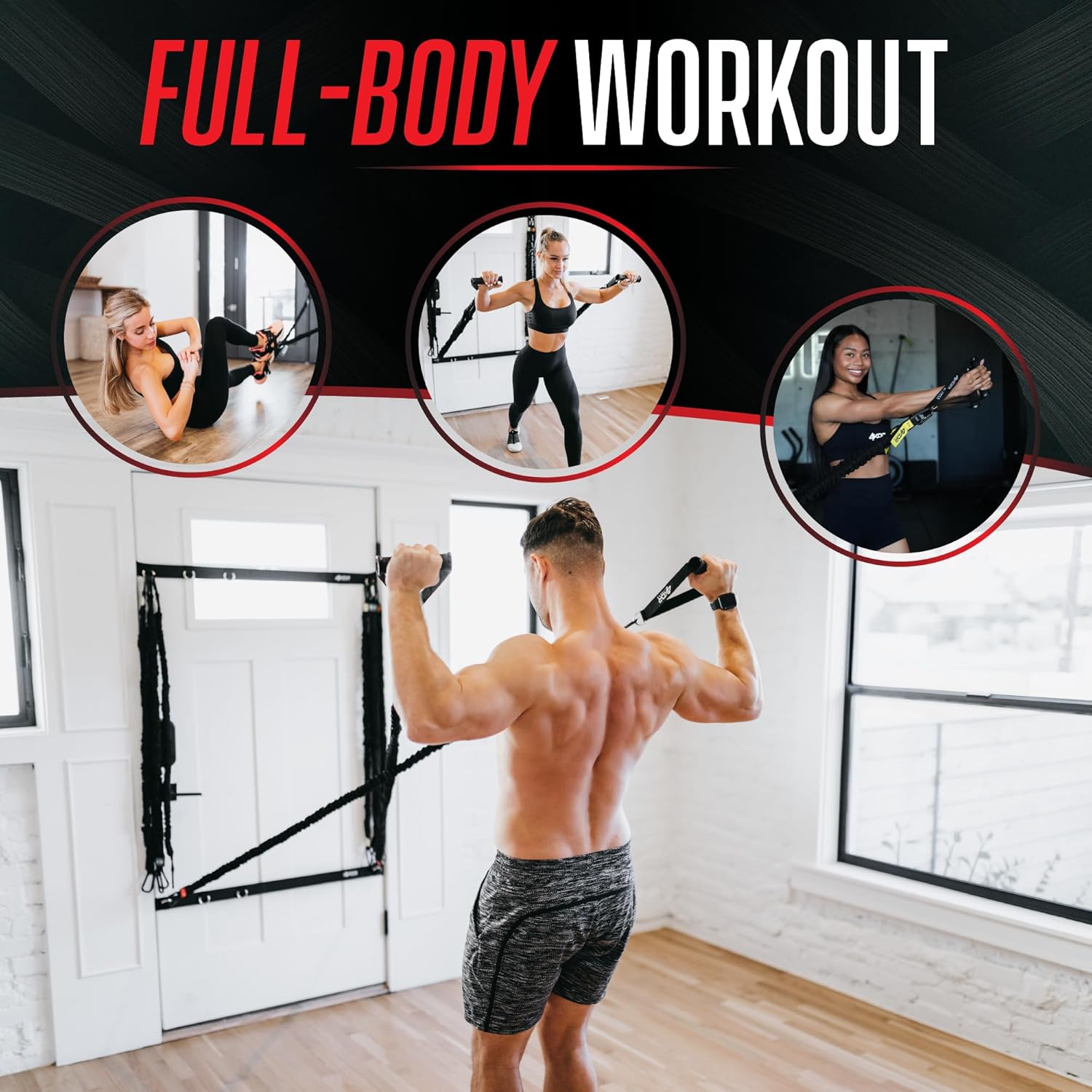 4KOR Deluxe Shoulder and Full Body Cross Anchored Resistance Cord System with Interchangeable Handles, Foot Straps, and Workout Guide. Exercise Bands with Nylon Sleeves, Anchors, and Carry Bag