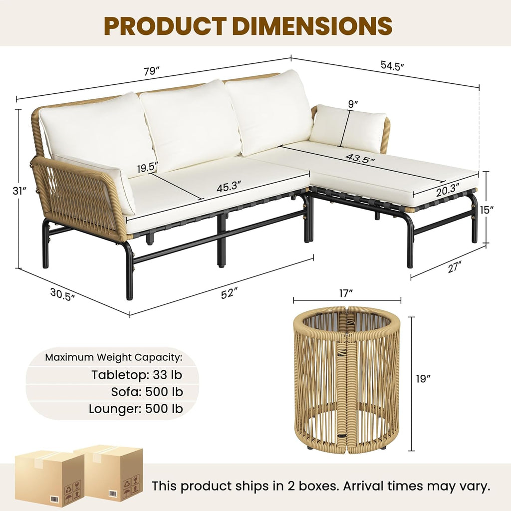 Yaheetech 3 Pieces L-Shaped Conversation Sofa Set, Outdoor Patio Furniture Set w/Detachable Lounger, Thick Cushions, Glass Side Table for Patio, Backyard, Porch, Garden