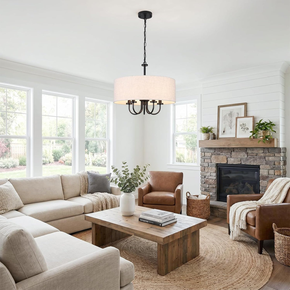 Drum Chandelier 5 Light 19" Dining Room Chandeliers Modern Black Farmhouse Chandelier White Linen Drum Shade Pendant Light Fixture for Living Room Bedroom Hallway