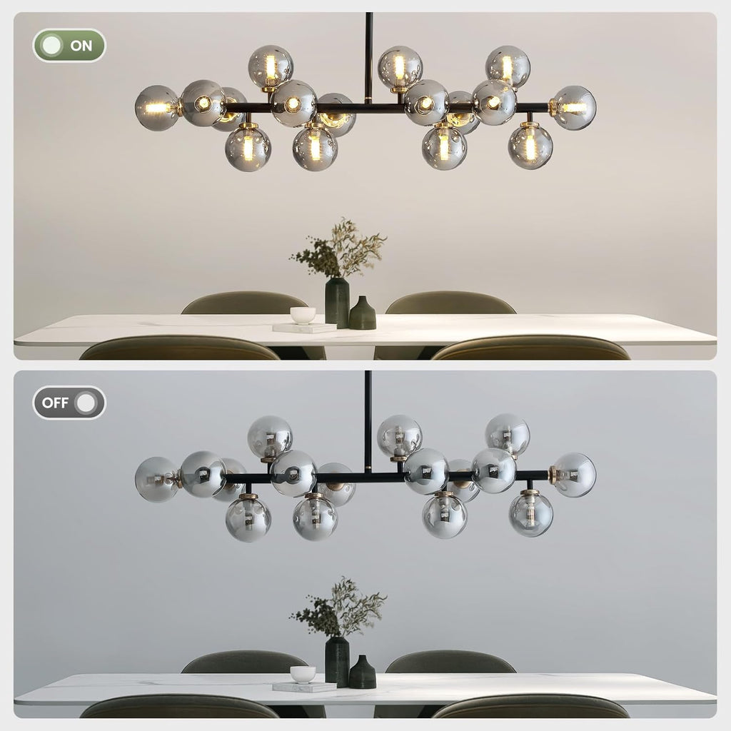 16 Lights Mid Century Modern Chandelier Black Linear Chandelier Light Fixtures Glass Globe Sputnik Pendant Light for Dining Room Kitchen Island (Smoke Gray Lampshade)
