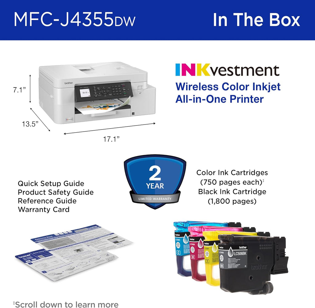 Brother INKvestment 4355 Wireless Color Inkjet All-in-One Printer with 1.8” Color Display and Manual Feed Slot | Includes Refresh Subscription Trial(1) (MFC-J4355DW)