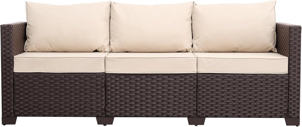 Oasishine Patio Furniture 3-seat Sofa Wicker Outdoor Furniture Outdoor Couch Deep Seat Hight Backrest Non-Slip Cushions, Khaki