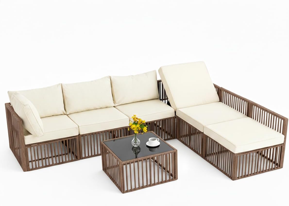 7-Piece Outdoor Patio Furniture Set, Modern PE Rattan Sectional Sofa with Adjustable Chaise Lounge, Modular All-Weather Wicker Conversation Set for Backyard, Poolside, Porch (Brown-Beige)