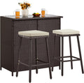 Yaheetech 3pcs Outdoor Bar Set, Patio Wicker Bar Furniture with 2 Storage Shelves, Glass Top Table, Cushions and Two Stools, Brown/Khaki