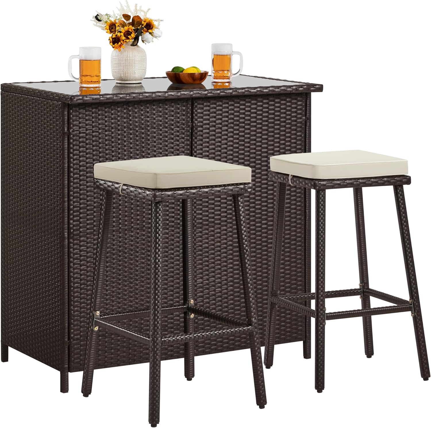 Yaheetech 3pcs Outdoor Bar Set, Patio Wicker Bar Furniture with 2 Storage Shelves, Glass Top Table, Cushions and Two Stools, Brown/Khaki