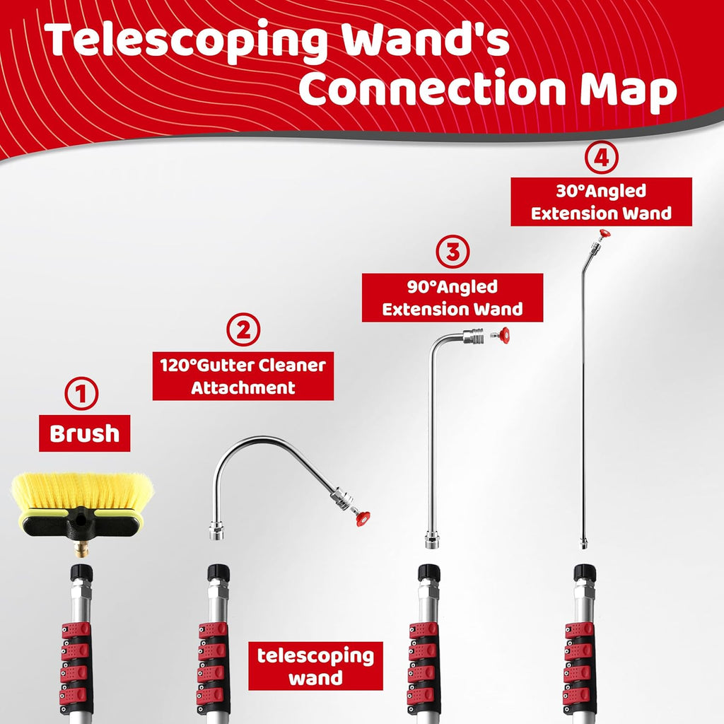 RIDGE WASHER 24 FT Telescoping Pressure Washer Wand, Power Washer Extension Wand with Brush, Telescopic Gutter Cleaner with 3 Stainless Steel Curve Wands, Adjustable Support Belt, 7 Nozzles, 4000 PSI