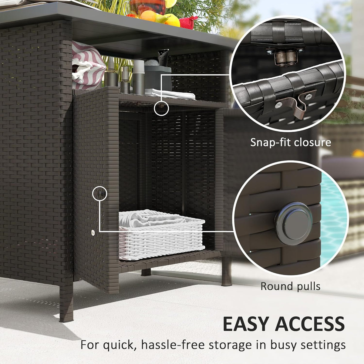 Outsunny Wicker Outdoor Storage Cabinet, Rattan Outdoor Bar Table with 2 Doors and Shelf, Outdoor Buffet Cabinet Sideboard with Metal Slatted Countertop for Poolside, Patio, Backyard, Dark Coffee
