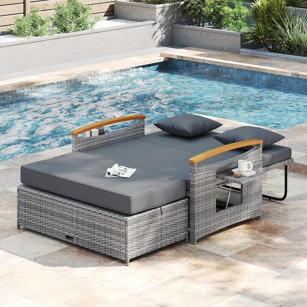 COSTWAY Patio Rattan Daybed, Outdoor Loveseat Sofa with Storage Ottoman, 4-Level Adjustable Backrest & Acacia Wood Armrest, Outdoor Wicker Daybed with Side Panels for Yard, Deck, Poolside (Mix-Grey)