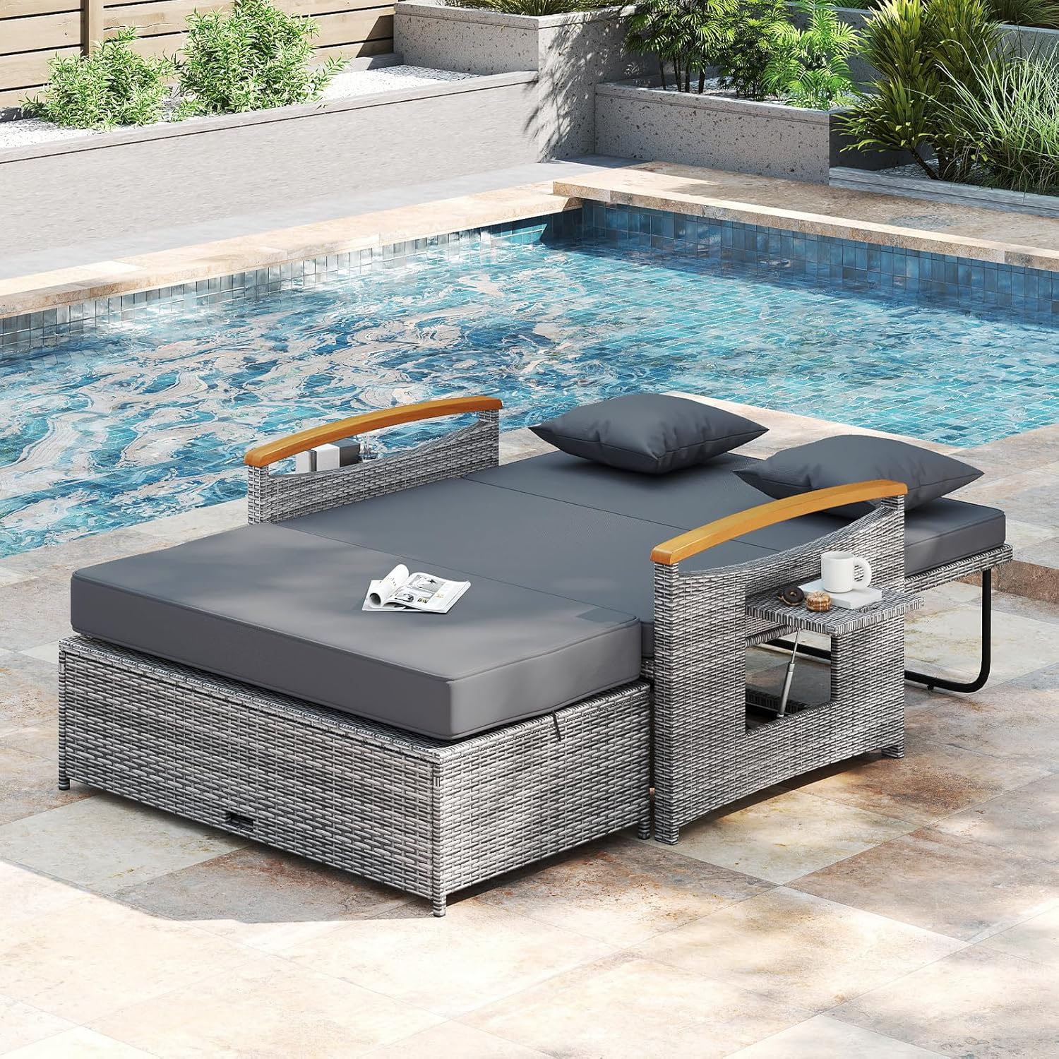 COSTWAY Patio Rattan Daybed, Outdoor Loveseat Sofa with Storage Ottoman, 4-Level Adjustable Backrest & Acacia Wood Armrest, Outdoor Wicker Daybed with Side Panels for Yard, Deck, Poolside (Mix-Grey)