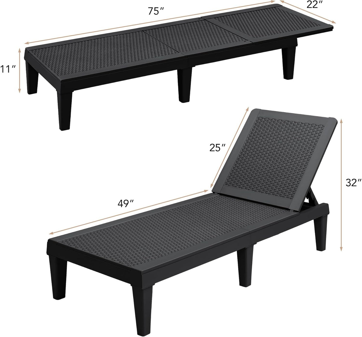Devoko Outdoor Chaise Lounge Chair Set of 2 for Outside Pool Patio, Adjustable Waterproof Easy Assembly Chaise Lounge Outdoor (Black, Set of 2)