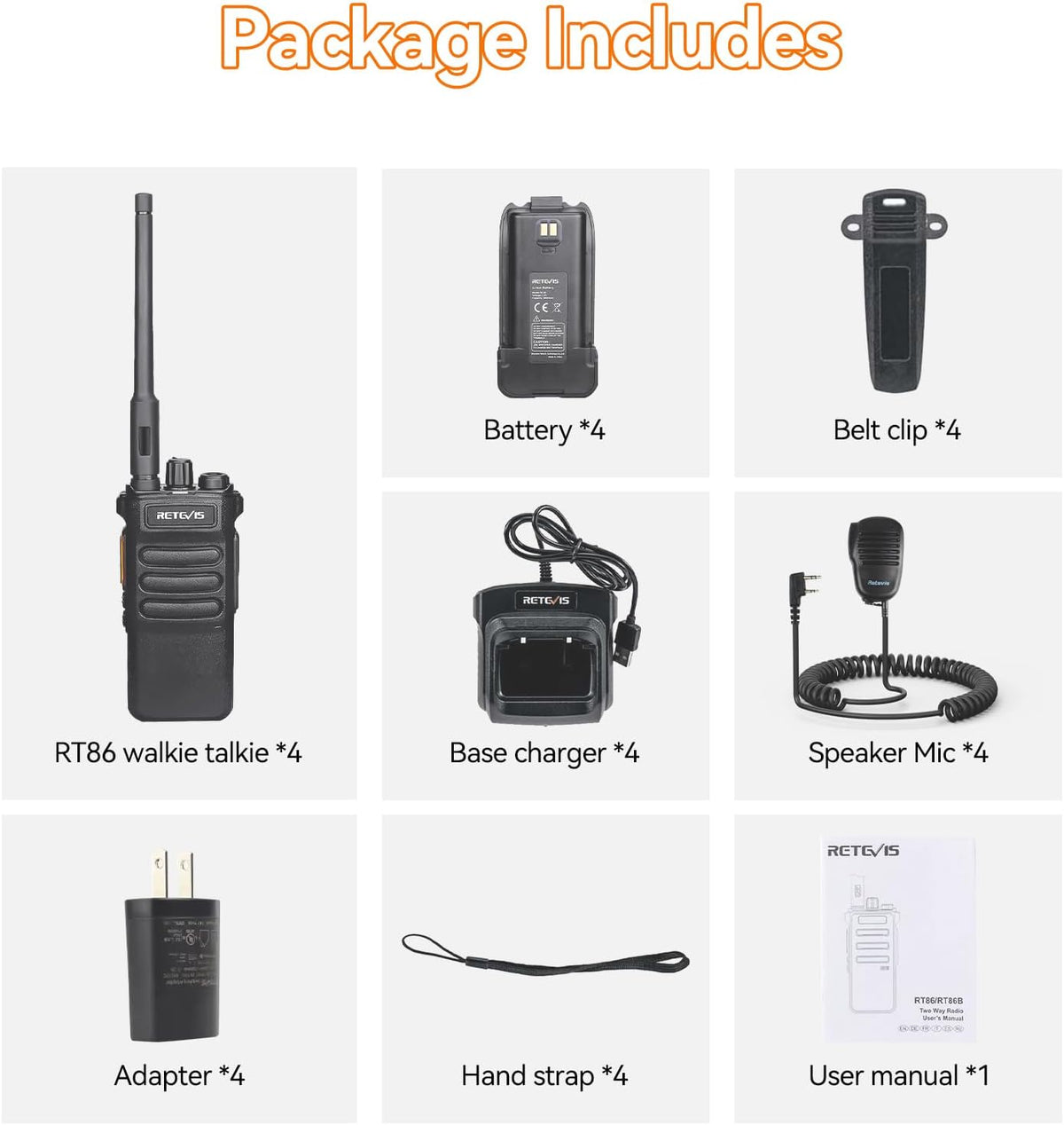 Retevis RT86 2 Way Radio Long Range,Professional Radio Walkie Talkies with Mic,Heavy Duty Two Way Radios,High Power, 2600mAh, Rechargeable Radios for Adults Warehouse Industrial Manufacturing(4 Pack)