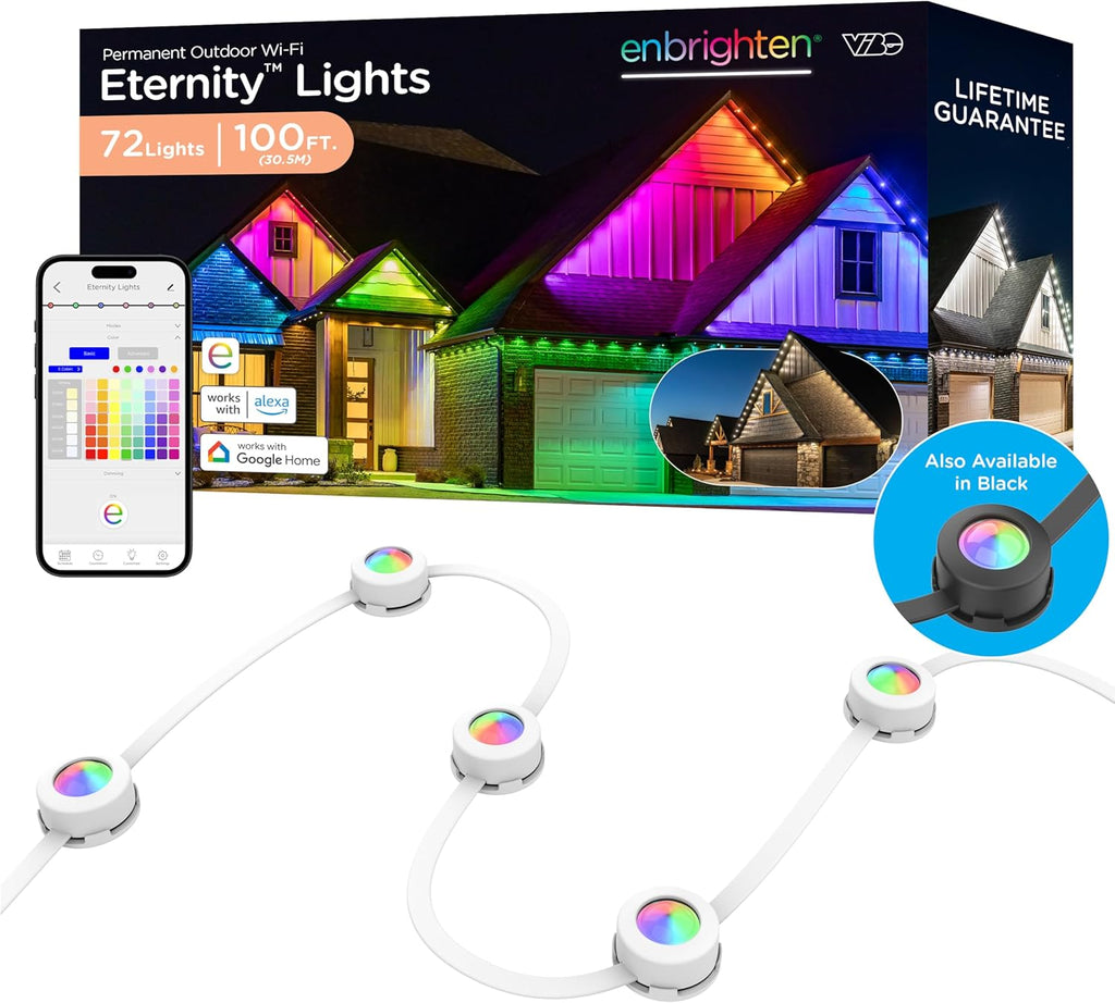 Enbrighten Eternity Permanent Outdoor Lights, 100ft with 72 RGBWIC LED Lights, App‑Controlled, Cuttable, Christmas, Accent & Year‑Round Eave Lighting, Works with Alexa & Google Home, 81103