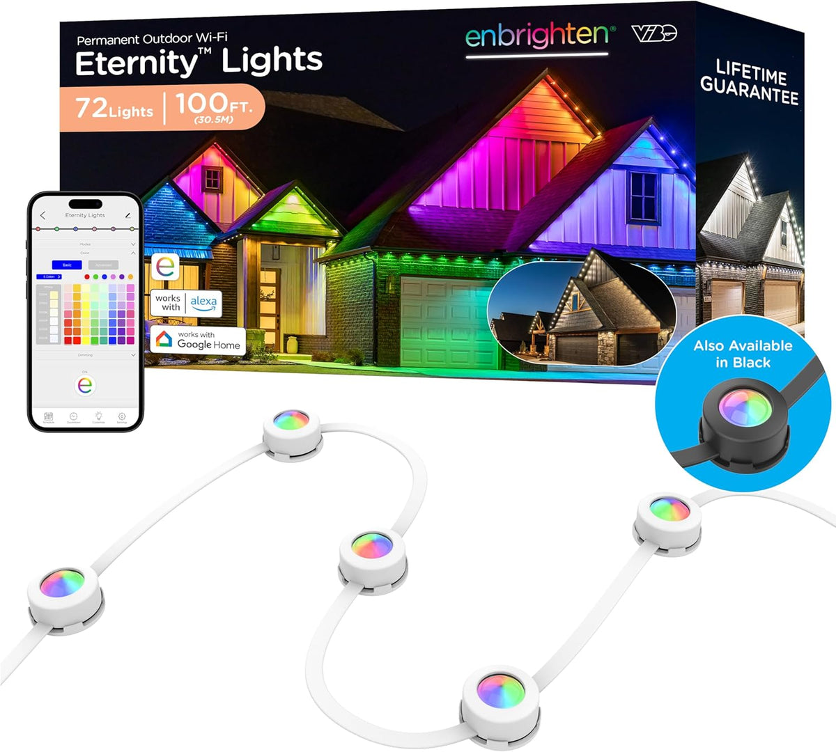 Enbrighten Eternity Permanent Outdoor Lights, 100ft with 72 RGBWIC LED Lights, App‑Controlled, Cuttable, Christmas, Accent & Year‑Round Eave Lighting, Works with Alexa & Google Home, 81103
