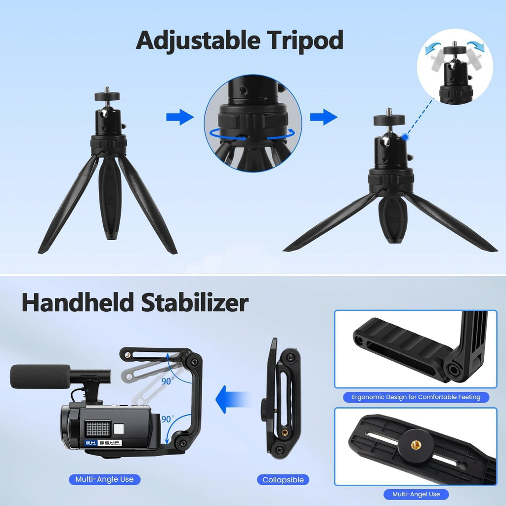 Camcorder Video Camera 5K 56MP Vlogging Camera for YouTube with 3" 270° Flip Touchscreen, Night Vision, WiFi, Webcam, Microphone, 64GB Card, Batteries, Remote, Tripod - Beginner Content Creator Kit