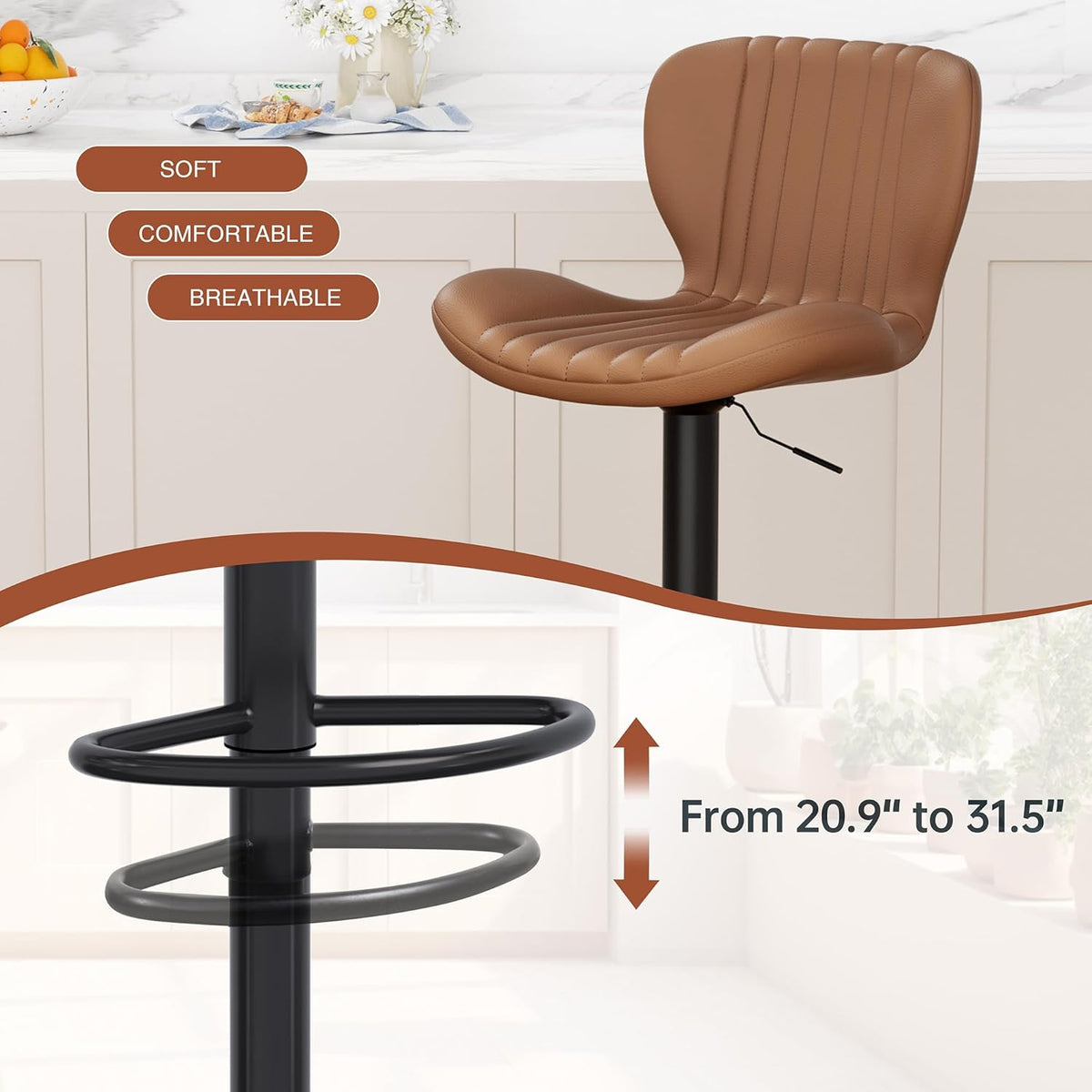 JAMFLY Bar Stools Set of 4, Leather Adjustable Barstools Counter Height Modern Bar Stools, Island Chairs Set of 4 for Kitchen, Brown