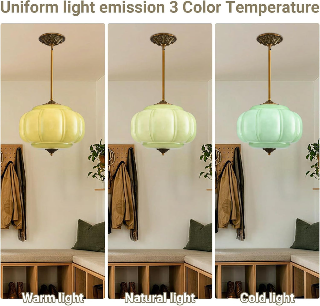 LOUSACE 15 in Vintage Milk Glass Ceiling Light Fixture, Antique Green Milk Glass Pendant Light, Mid Century Art Deco Chandelier for Kitchen Dining Room Hallway Bedroom, LED Bulb Included