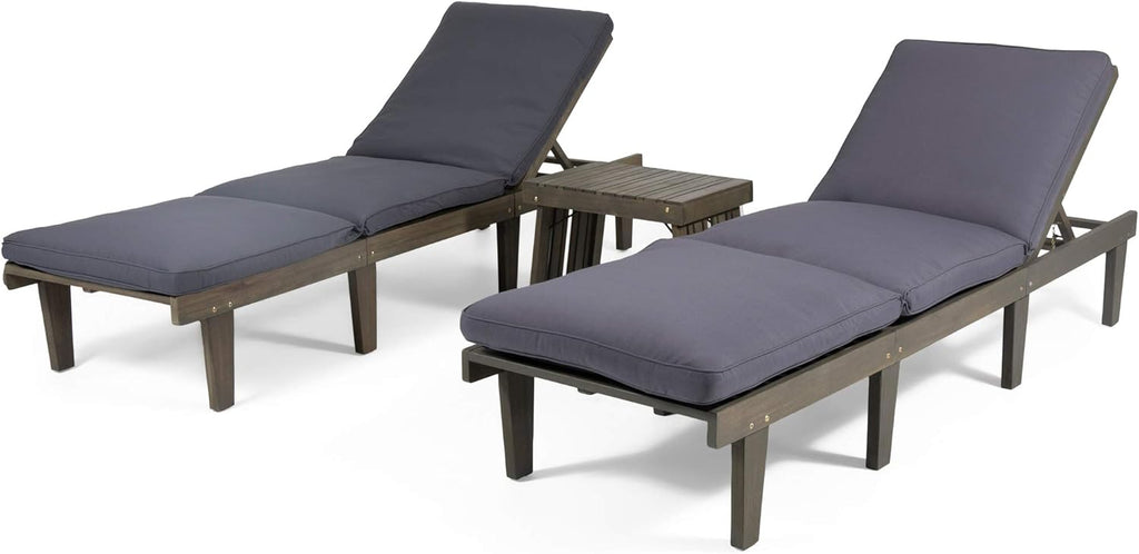 Christopher Knight Home Elliott Outdoor Acacia Wood 3 Piece Chaise Lounge Set, Gray Finish, Dark Gray