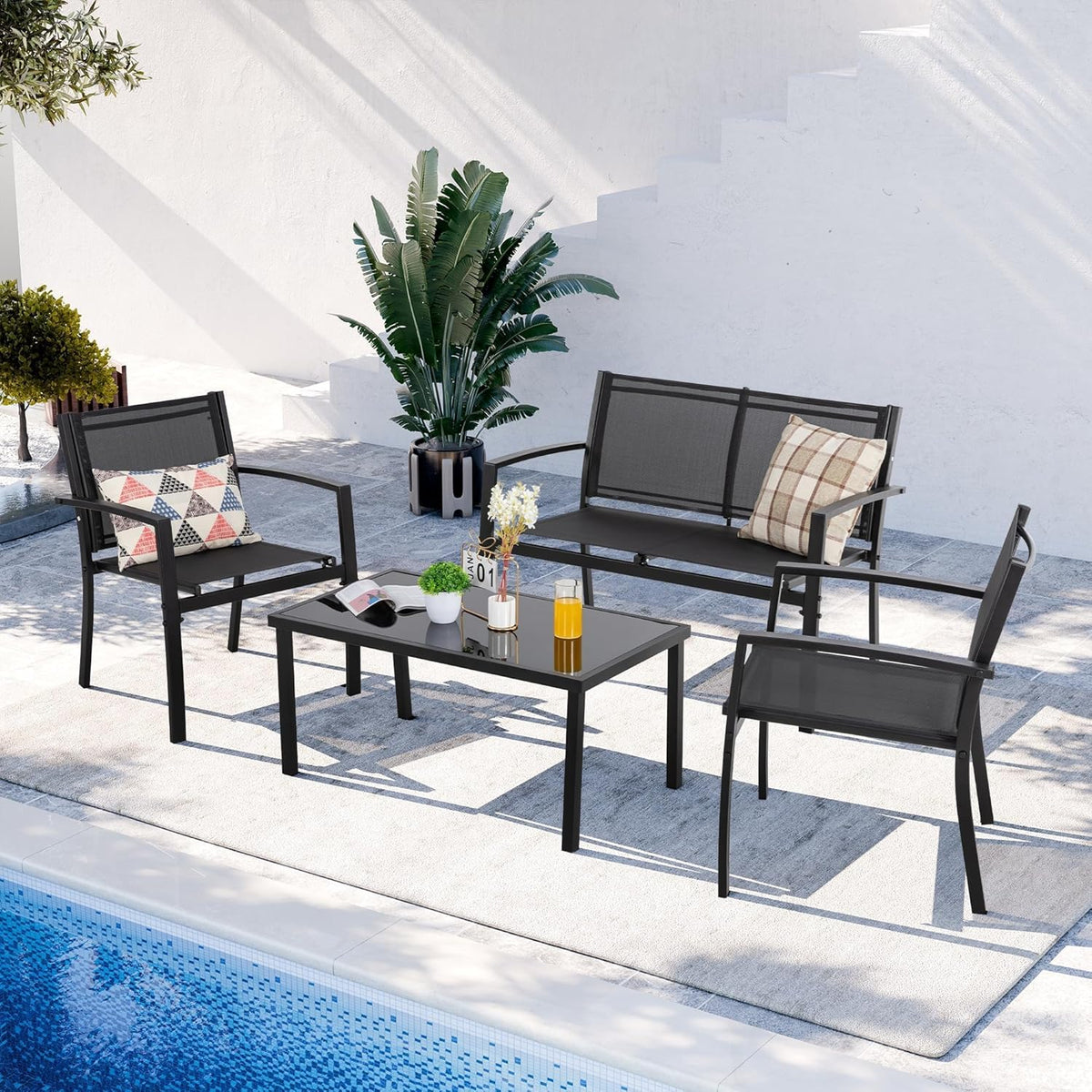 Shintenchi 4 Pieces Patio Furniture Set All Weather Textile Fabric Outdoor Conversation Set, with Glass Coffee Table, Loveseat, 2 Single Chairs for Home, Garden, Lawn, Porch（Black）