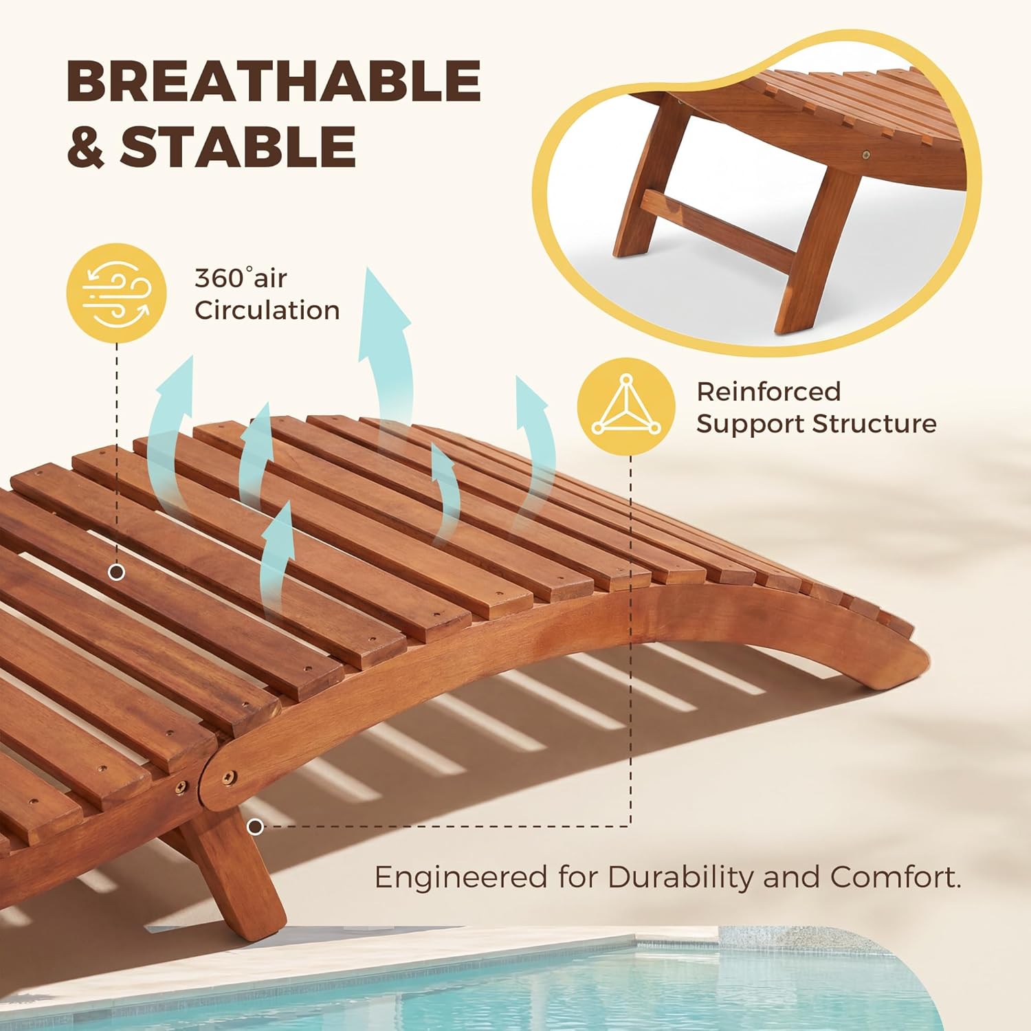 Flamaker Lounge Chairs for Outside Folding Acacia Wood Chaise Lounge with Side Handle Sun Lounger for Poolside, Lawn, Backyard (2 Piece)