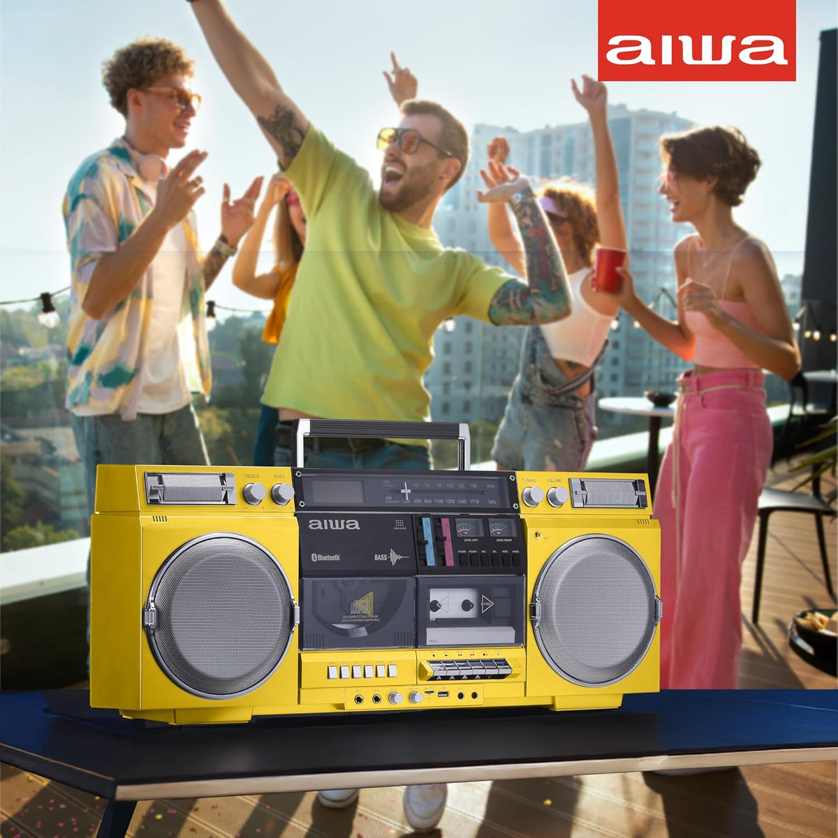 aiwa Retro Boombox CD Player with Cassette Recording, Bluetooth 5.0, FM/AM Radio, USB/SD/AUX Inputs, VU Meters, LCD Display, Dual 40W Speakers - Yellow