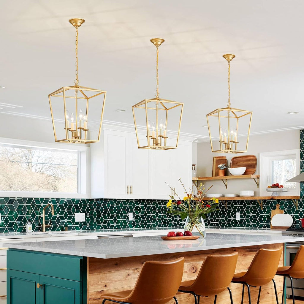 ANJIADENGSHI Vintage Lantern Pendant Light 4 Light Lantern Chandelier Farmhouse Gold Pendant Light for Kitchen Island Entryway Dining Room Hallway Bar Cafe(Bulbs Not Included)