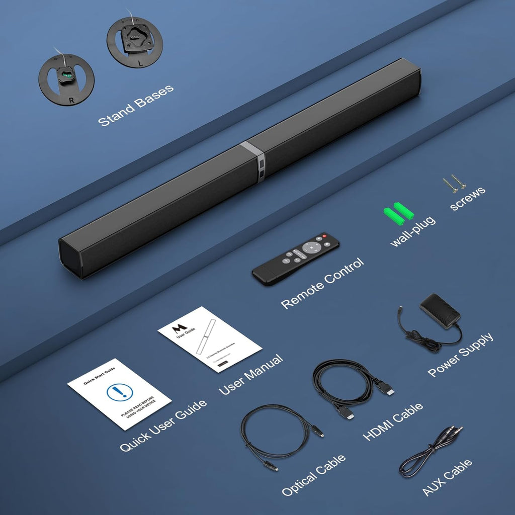 MZEIBO Sound Bar for Smart TV .80W Detachable Bluetooth Soundbar with Powerful Bass, 2-in-1 Home Theater Audio System, ARC/Optical/AUX Connectivity for TV/PC/Laptop/Game Console