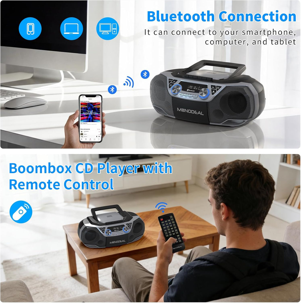 MONODEAL CD Player & Cassette Tape Player with Bluetooth, Powerful Stereo CD Player Boombox with X-BASS,CD and Cassette Player Combo,FM/USB/AUX & Remote, Tape Recording, Sleep Timer, AC/DC Powered