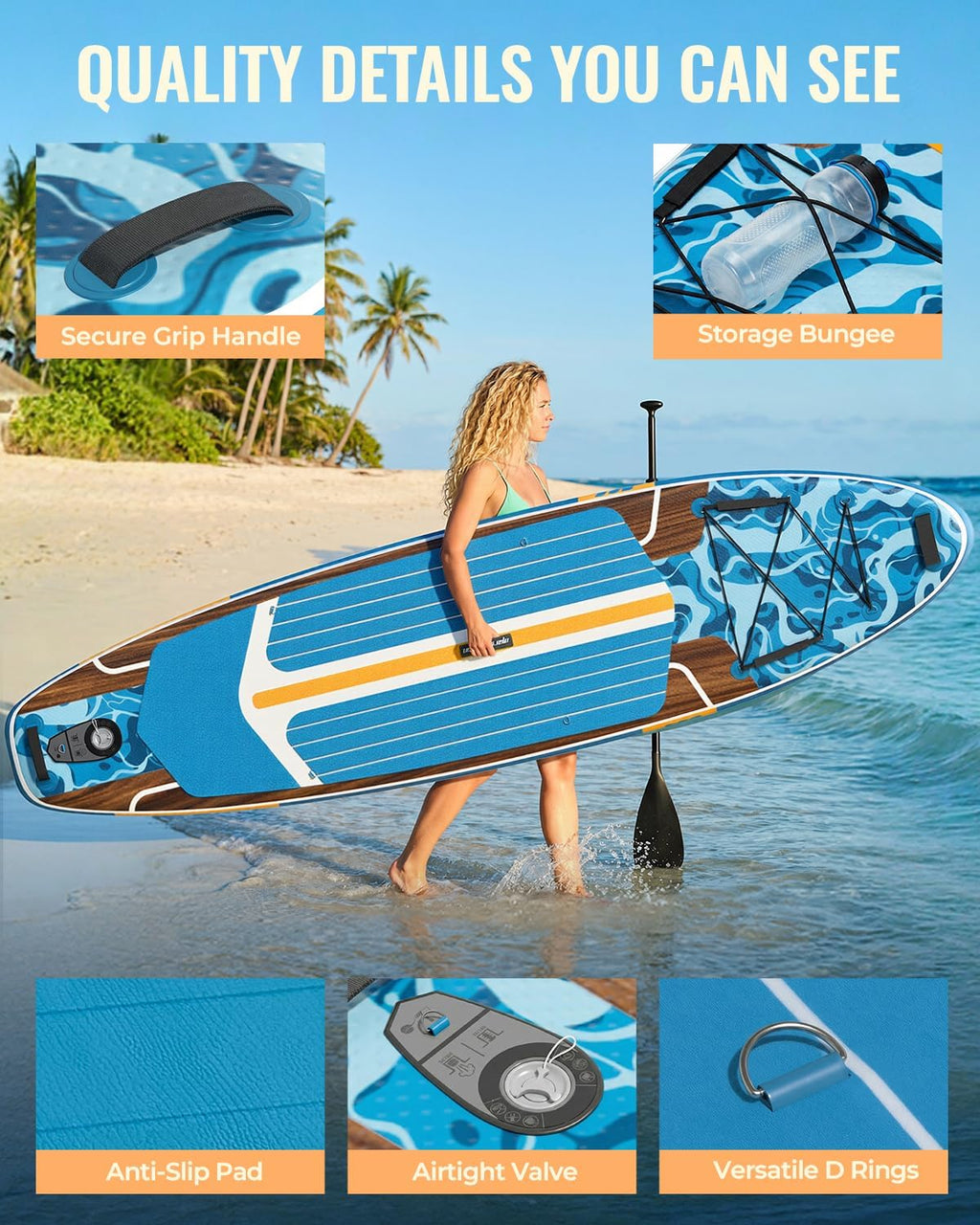 11ft Inflatable Stand Up Paddle Board, Wood Grain Ultra Lightweight SUP, 430lb Capacity for Adults Youth Family, for Fishing Surfing Camping, Includes Backpack & Pump