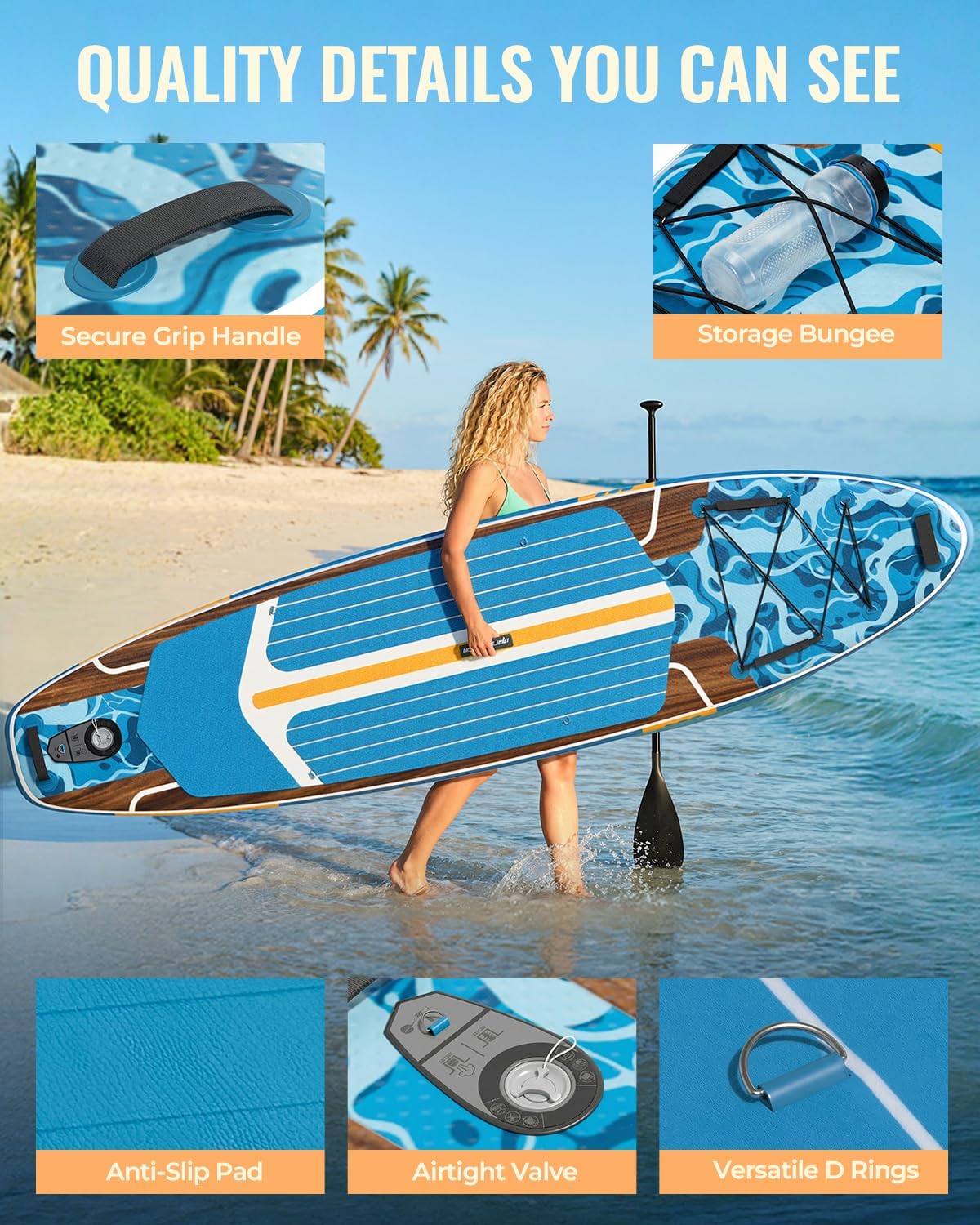 11ft Inflatable Stand Up Paddle Board, Wood Grain Ultra Lightweight SUP, 430lb Capacity for Adults Youth Family, for Fishing Surfing Camping, Includes Backpack & Pump
