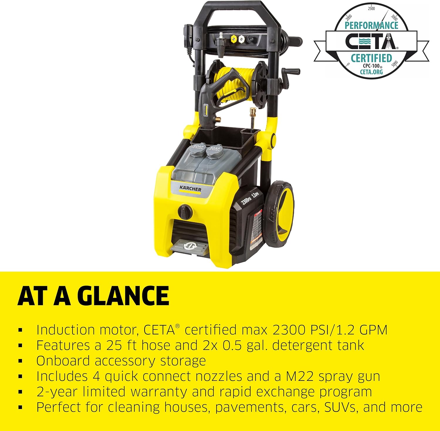 Kärcher Pressure Washer K2300PS, CETA Certified, 4 Spray Nozzles, Detergent Tank, Hose Reel, for Cars, Driveways, Siding, Patios, 1.2 GPM