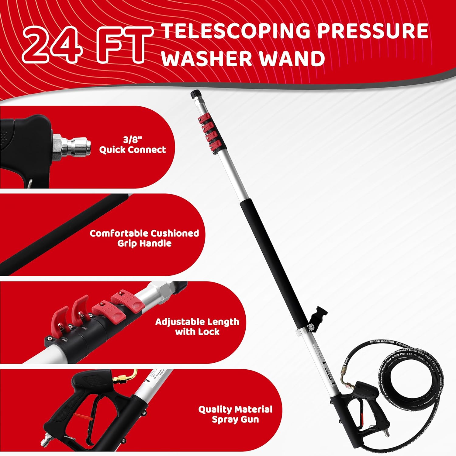 RIDGE WASHER 24 FT Telescoping Pressure Washer Wand, Power Washer Extension Wand with Brush, Telescopic Gutter Cleaner with 3 Stainless Steel Curve Wands, Adjustable Support Belt, 7 Nozzles, 4000 PSI