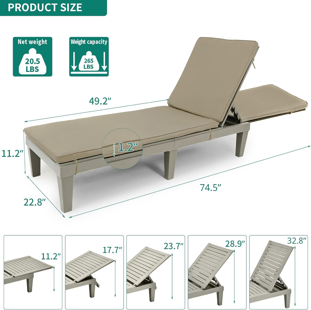 YITAHOME Chaise Lounge Chairs for Outside with Cushion & Adjustable Backrest, Sturdy Loungers for Patio Poolside, Easy Assembly & Waterproof & Lightweight with 265lbs Weight Capacity, Set of 2, Taupe