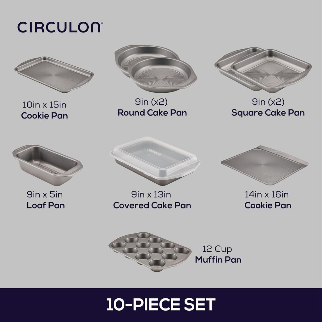 Circulon Total Nonstick Bakeware Set, Metal Baking Pans Set, 10-Piece, Gray